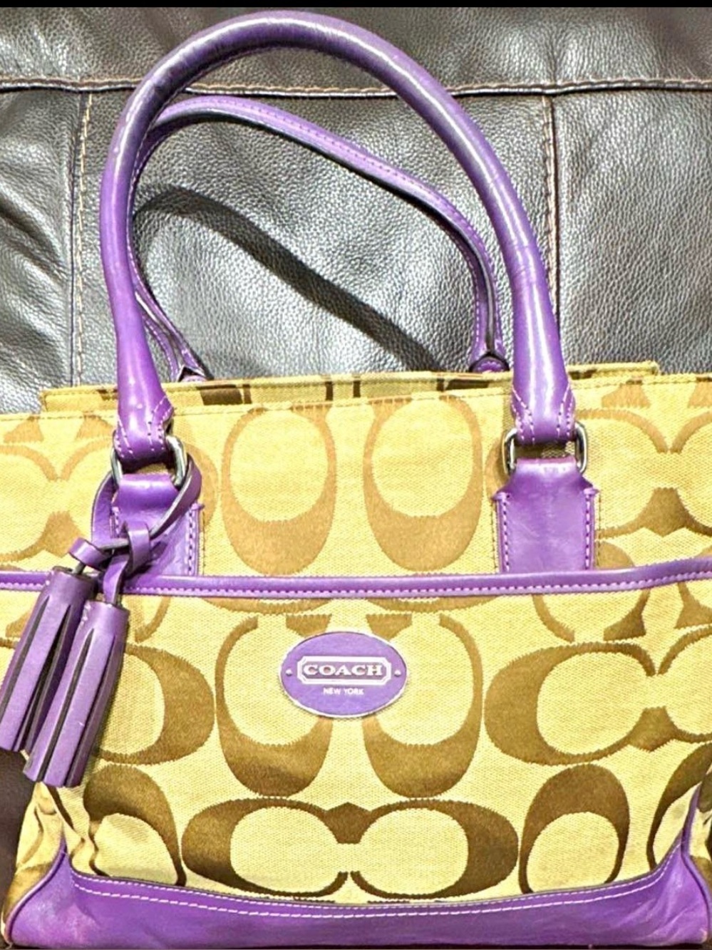 COACH Tan Signature Canvas Tote with Purple Leather Trim Vintage